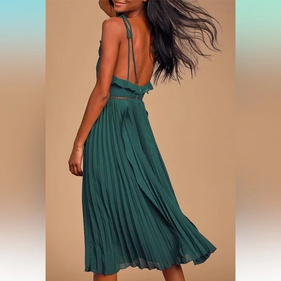 Lulu’s Emerald Green Tie-Strap Pleated Midi Dress Emerald Green XS - Picture 3 of 16